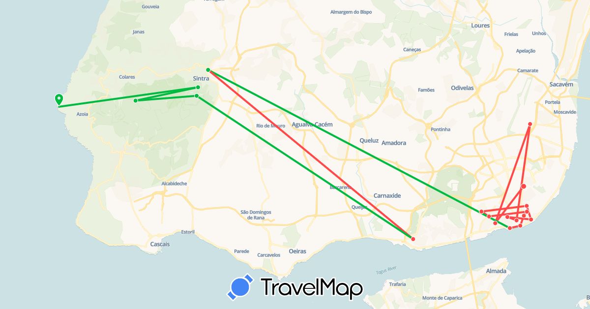 TravelMap itinerary: bus, hiking in Portugal (Europe)